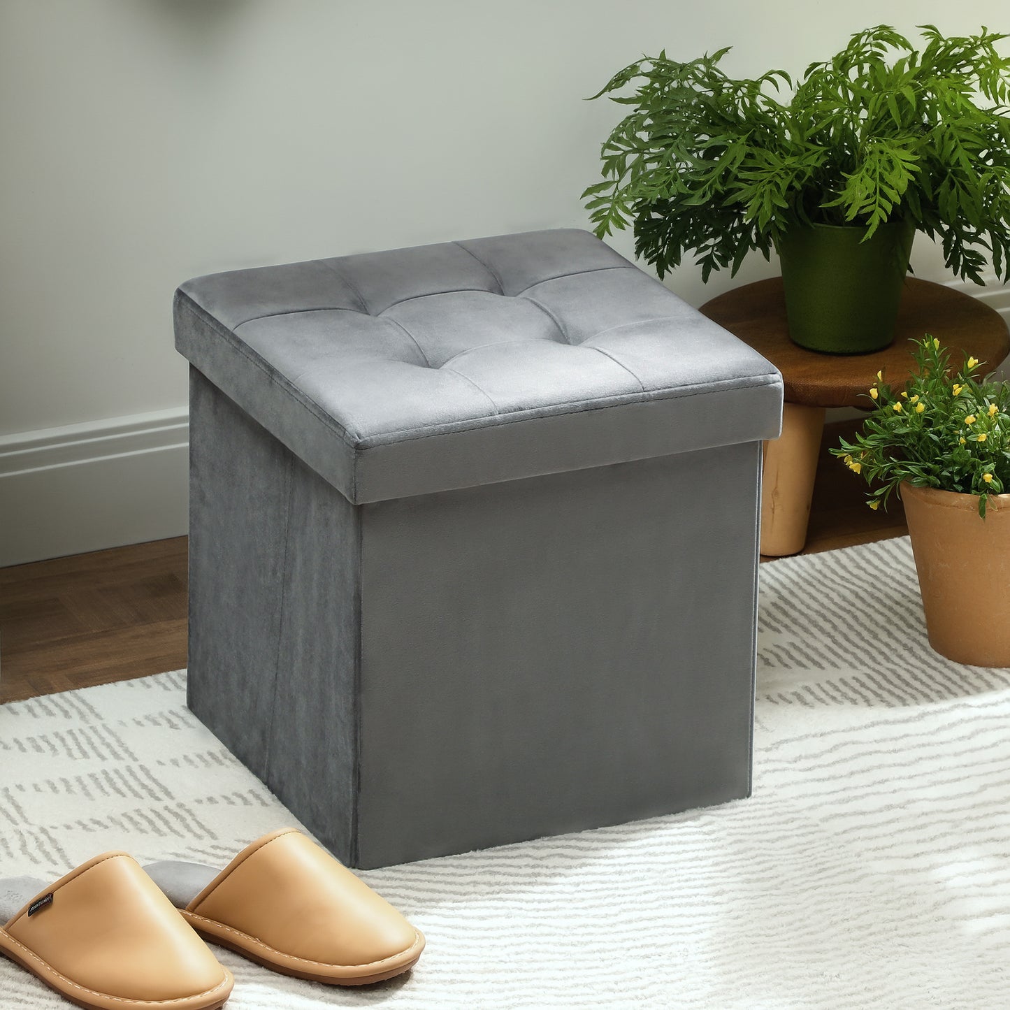 Nasedo Square Velvet Grey Foldable Storage Ottoman with Removable Lid