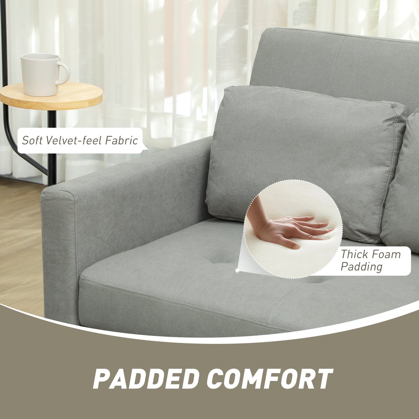 Sedisa Fabric Light Grey 2 Seater Convertible Sofa Bed With Side Pockets And Cushions