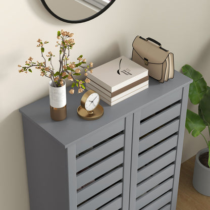 Zifa Wooden Grey Slim Shoe Cabinet With 5 Tier Storage And Slatted Doors