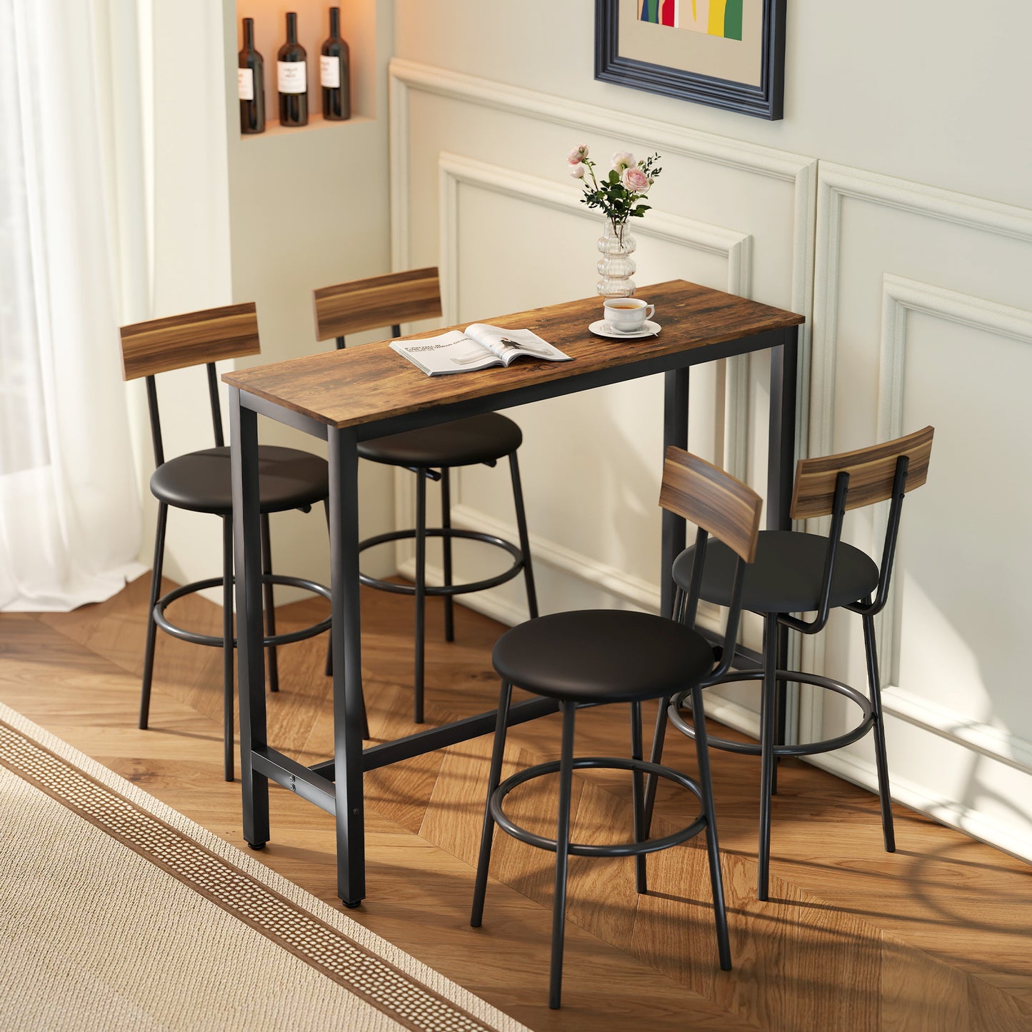 Bazila Rustic Brown Wood Effect Rectangular Bar Table Industrial Breakfast Dining Design