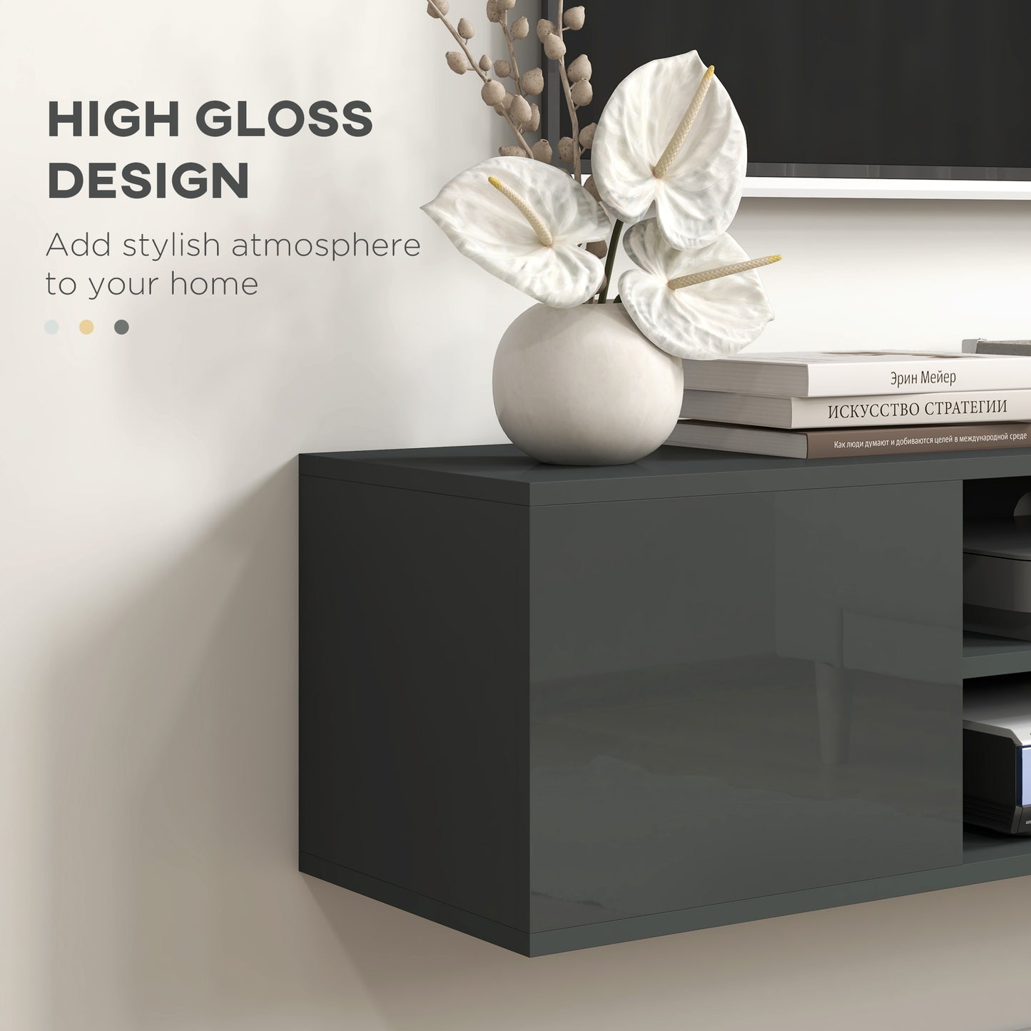 Minoco Wooden Grey Floating TV Stand With Shelf and Doors For Screens Up To 60 Inches