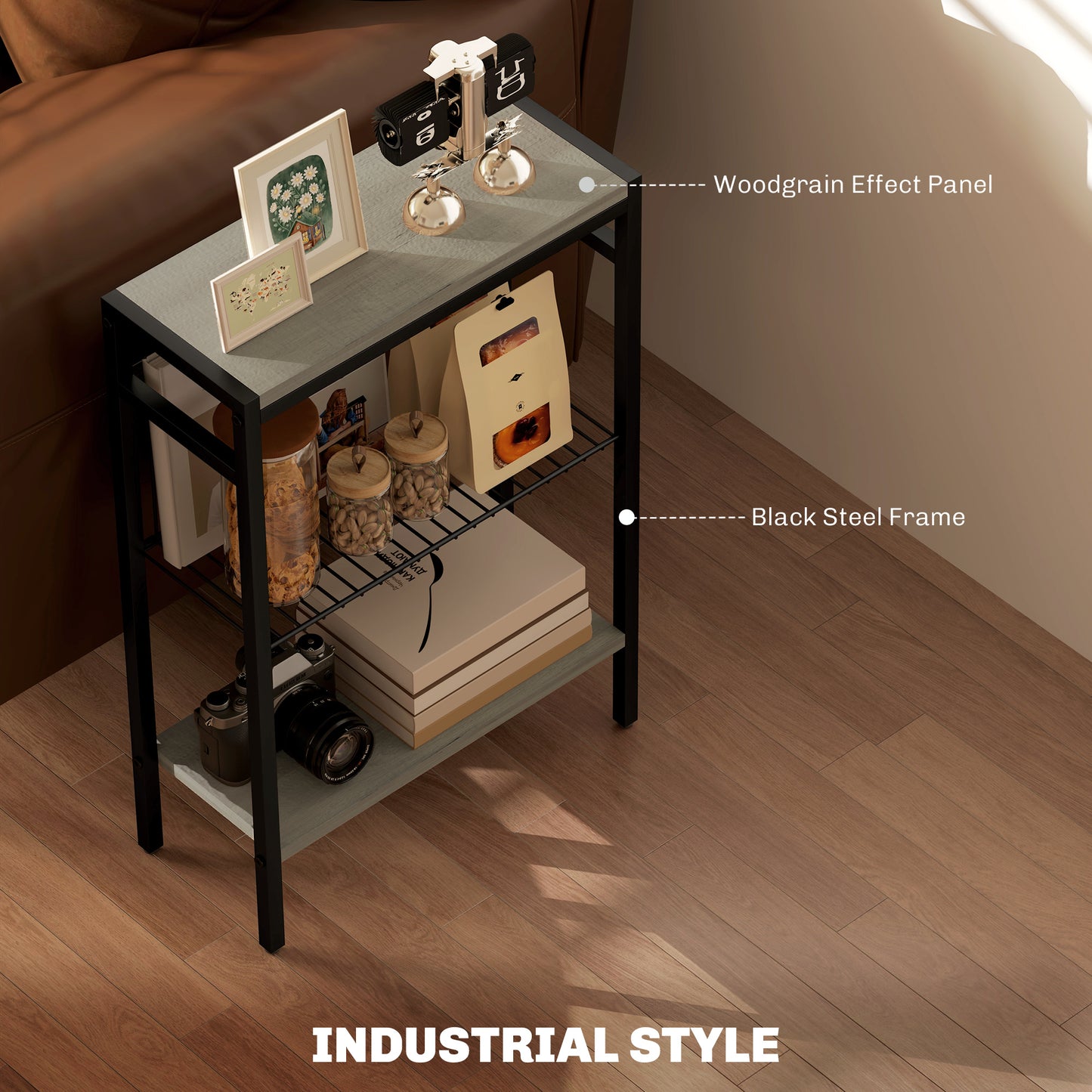 Dimali Black Metal And Grey Wooden Industrial 3 Shelf Side Table