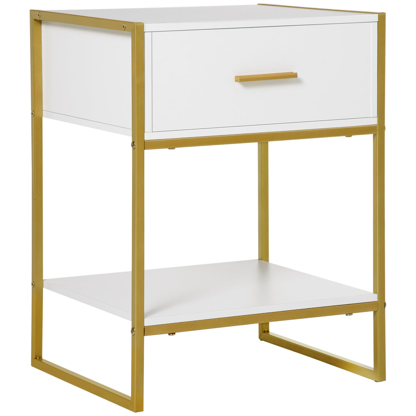 Safifi White Modern Bedside Table 1 Drawer 1 Shelf With Gold Accents