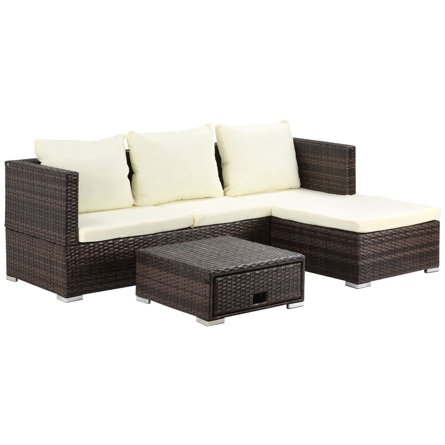 Lilisa Rattan Brown and Cream 3 Piece Garden Sofa Set With Storage Table