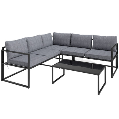 Liketti Metal Grey 5 Seater L Shaped Garden Sofa Set With Cushions and Glass Table