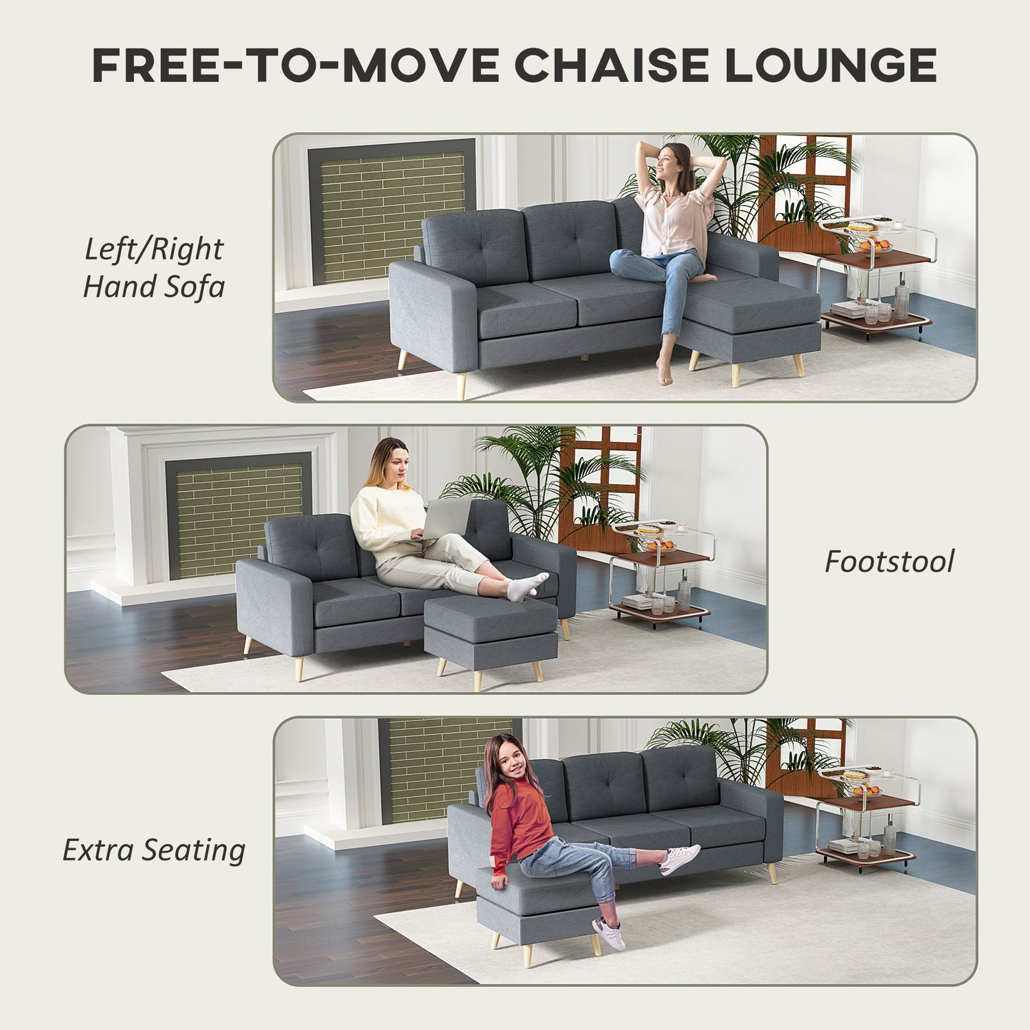Tafave Fabric Dark Grey L Shaped Corner Sofa With Footstool Tufted Back And Wooden Legs