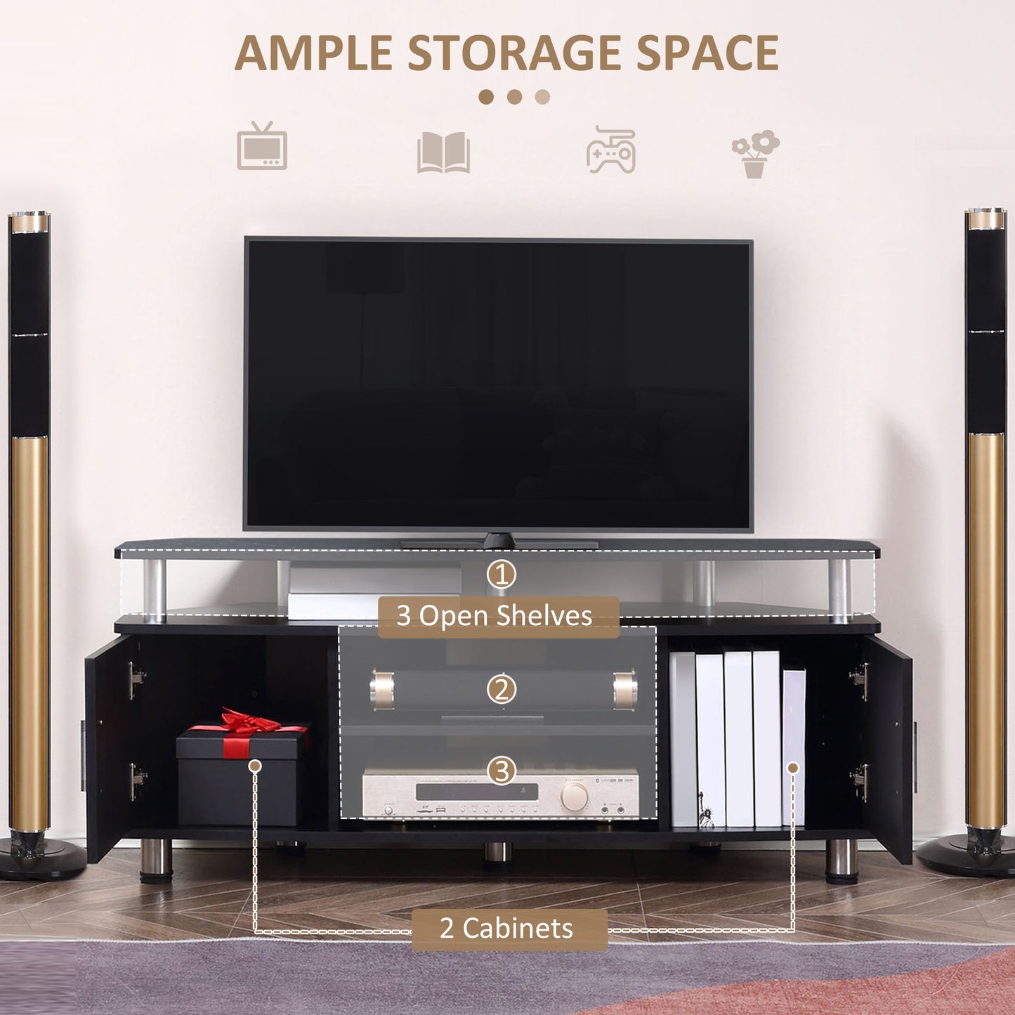 Zisaba Mika 120cm Wooden Black TV Storage Unit For Screens Up To 55 Inches 2 Doors and Shelves