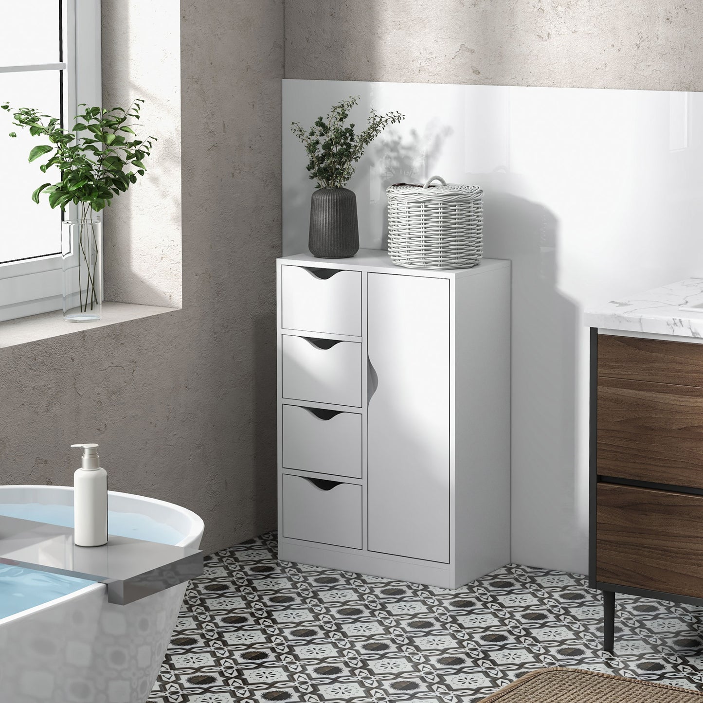 Sopake White Freestanding Storage Cabinet With 4 Drawers And Lower Cupboard