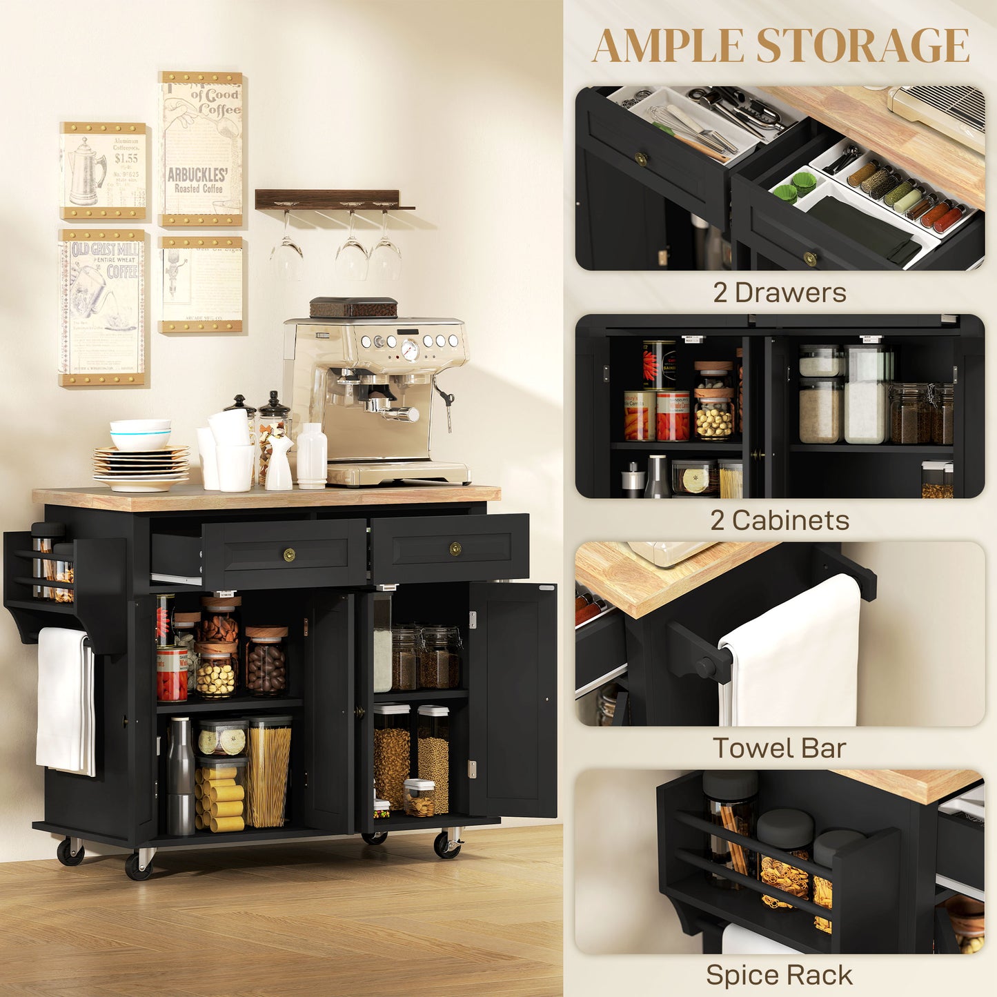 Telatti Rubberwood Top Black Rolling Kitchen Island With Drawers And Storage