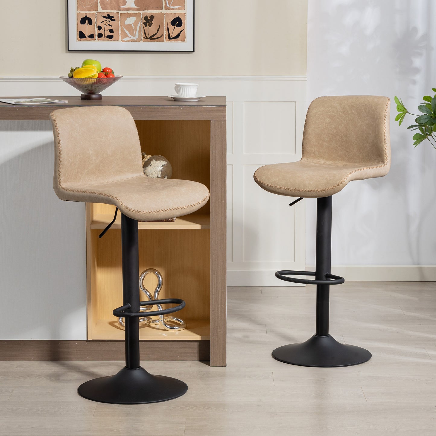 Salile Set Of 2 Light Brown Faux Leather Breakfast Bar Chairs With Backrest
