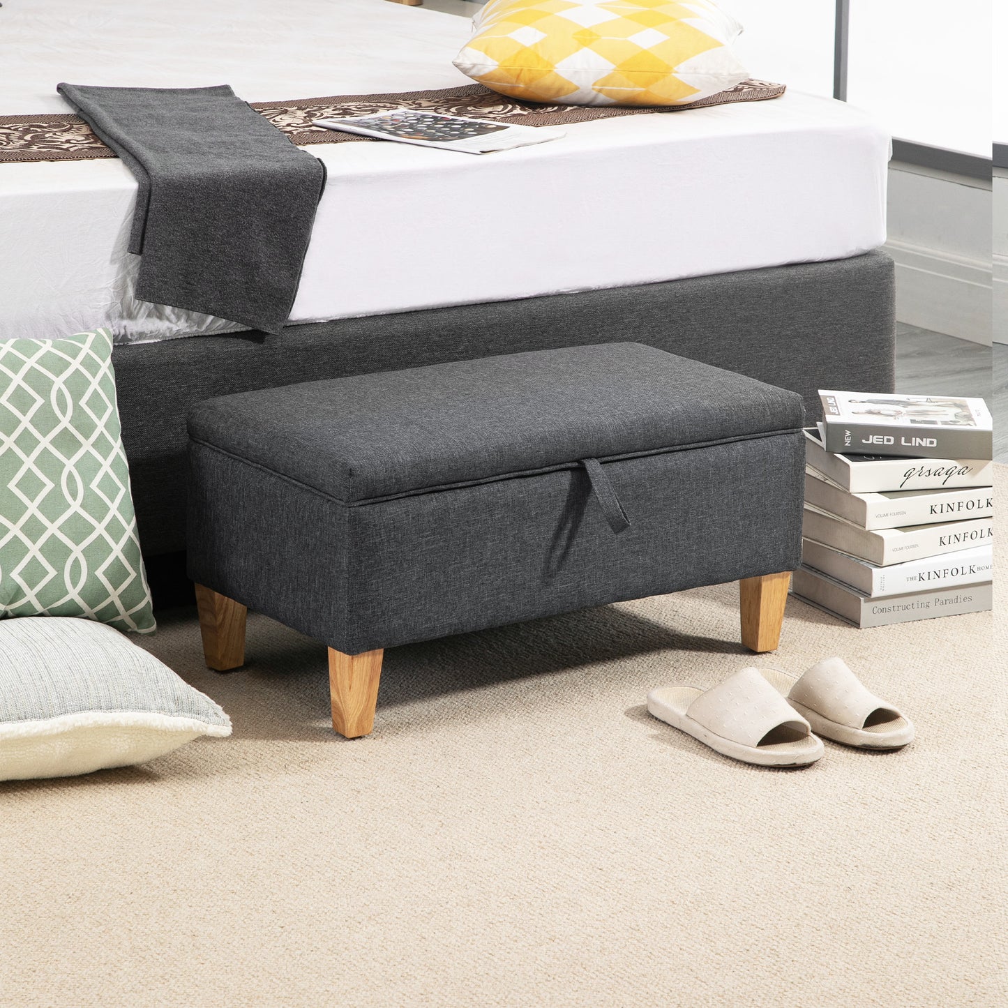 Cose Linen Dark Grey Storage Ottoman With Padded Seat Natural Wooden Legs