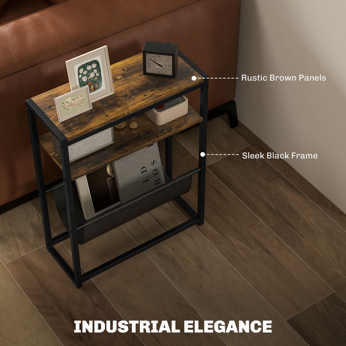 Sanami Wooden Rustic Brown Narrow Side Table With 3 Tier Storage And Magazine Slot