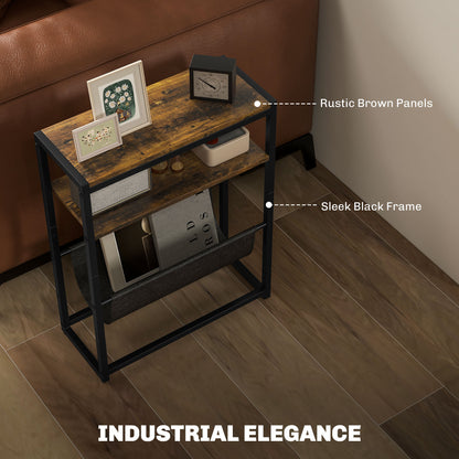 Sanami Wooden Rustic Brown Narrow Side Table With 3 Tier Storage And Magazine Slot