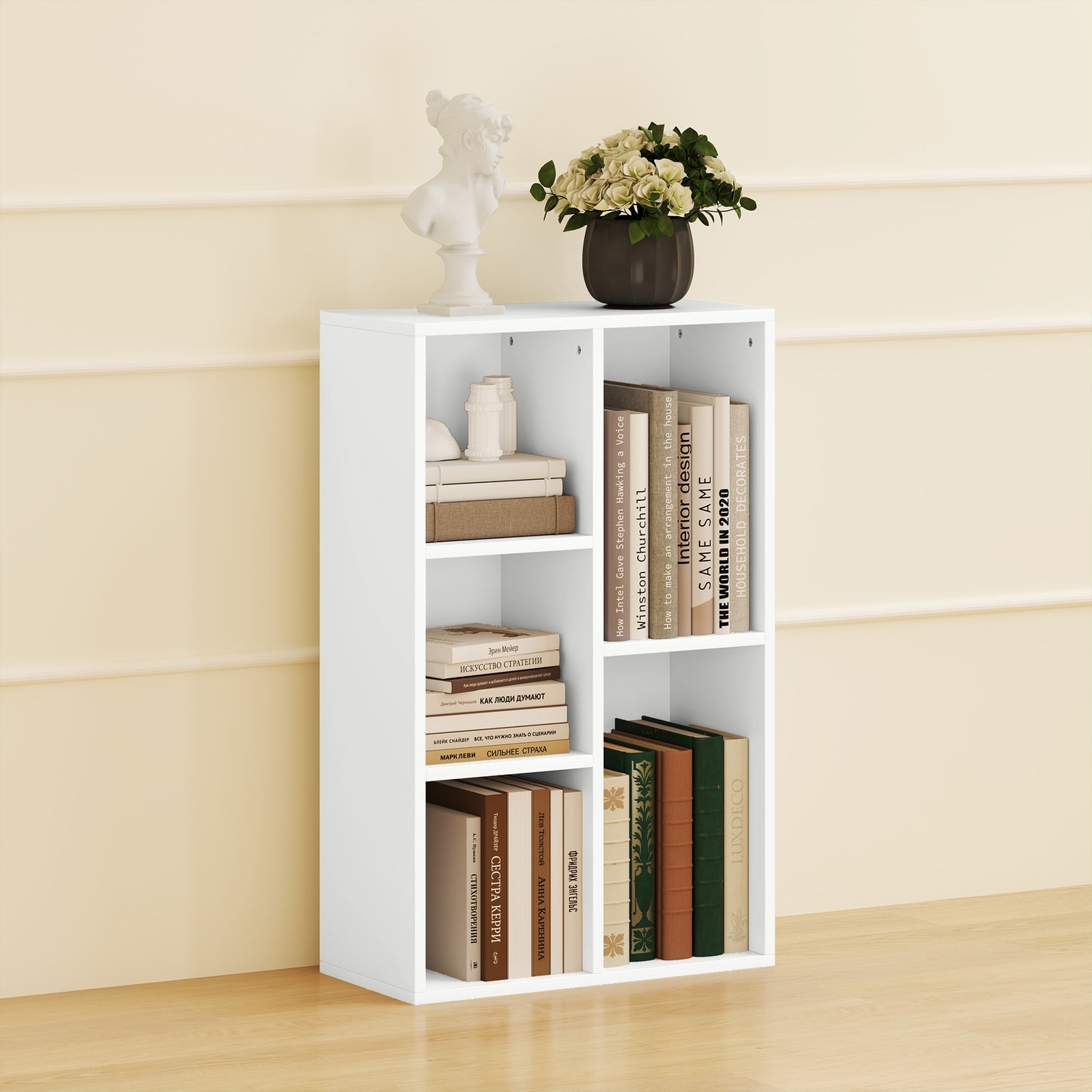 Sovi Wood White 2 Tier Bookcase With 5 Storage Compartments