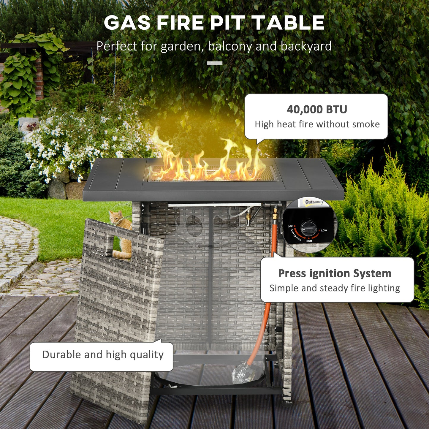 Rata Faux Rattan Grey Square Gas Fire Pit Table With Rain Cover Mesh Lid And Lava Stones