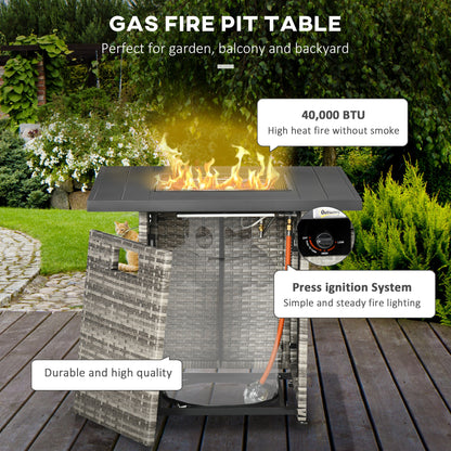 Rata Faux Rattan Grey Square Gas Fire Pit Table With Rain Cover Mesh Lid And Lava Stones