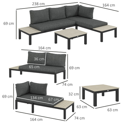 Tozitello Aluminium Dark Grey 3 Piece Corner Garden Sofa Set With Coffee Table And 2 Side Tables
