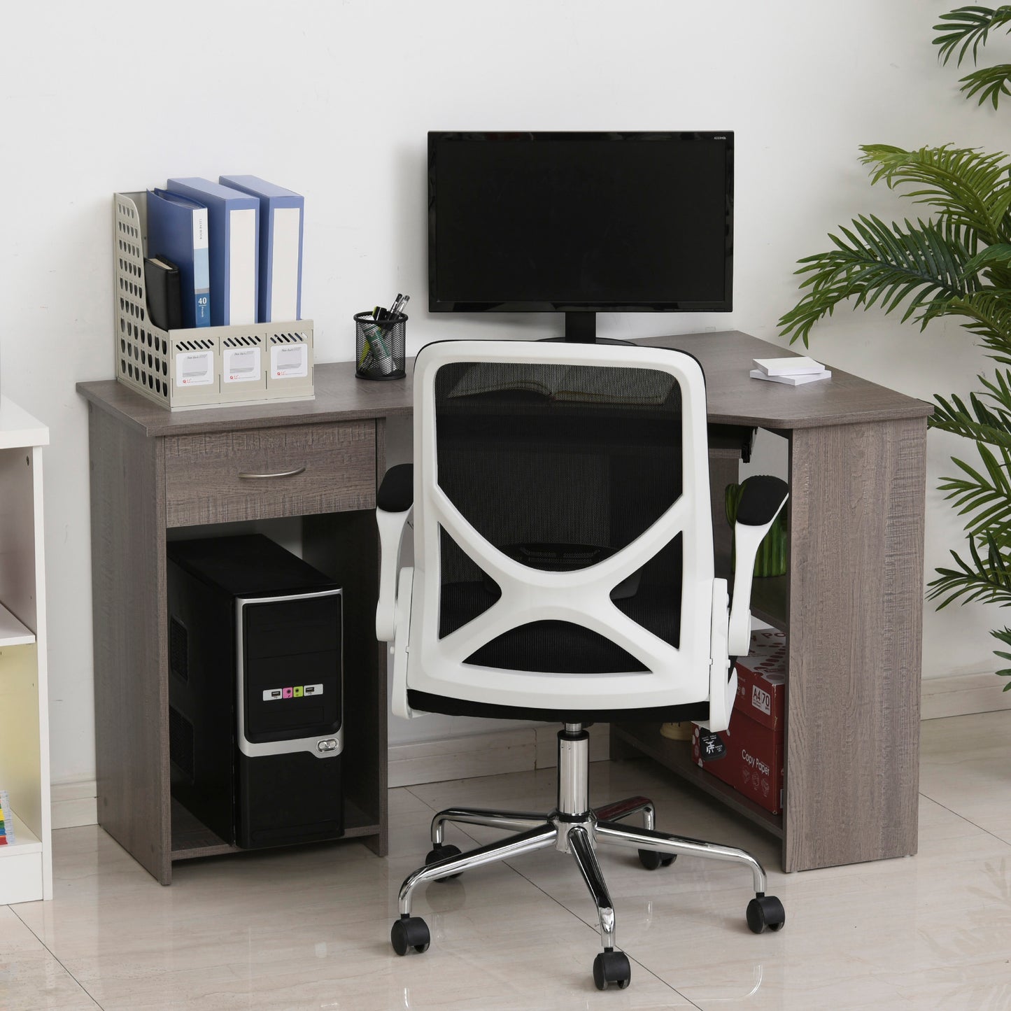 Nifi 120cm Wooden Grey L Shaped Corner Desk With Keyboard Tray Drawers And Shelving