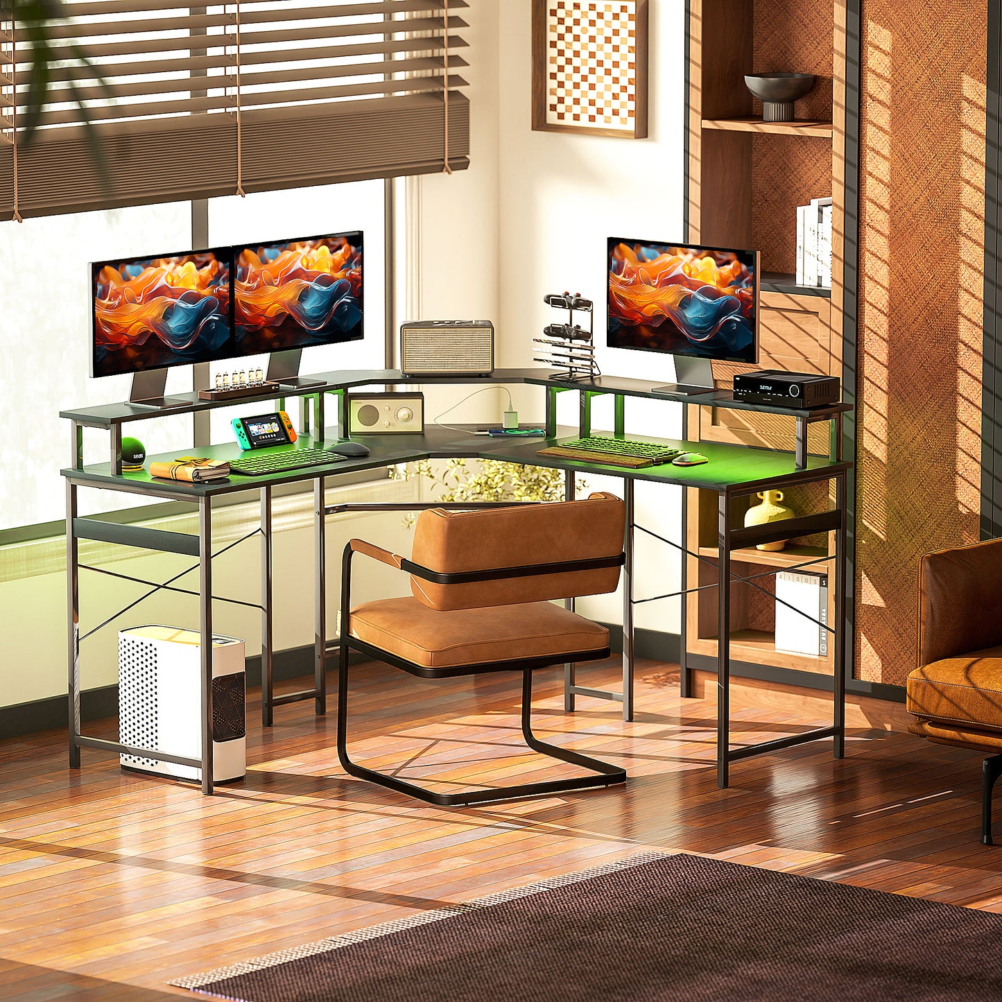 Vevano 138.5cm Black L Shaped Work Desk With Integrated LED Lighting