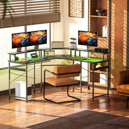 Vevano 138.5cm Black L Shaped Work Desk With Integrated LED Lighting