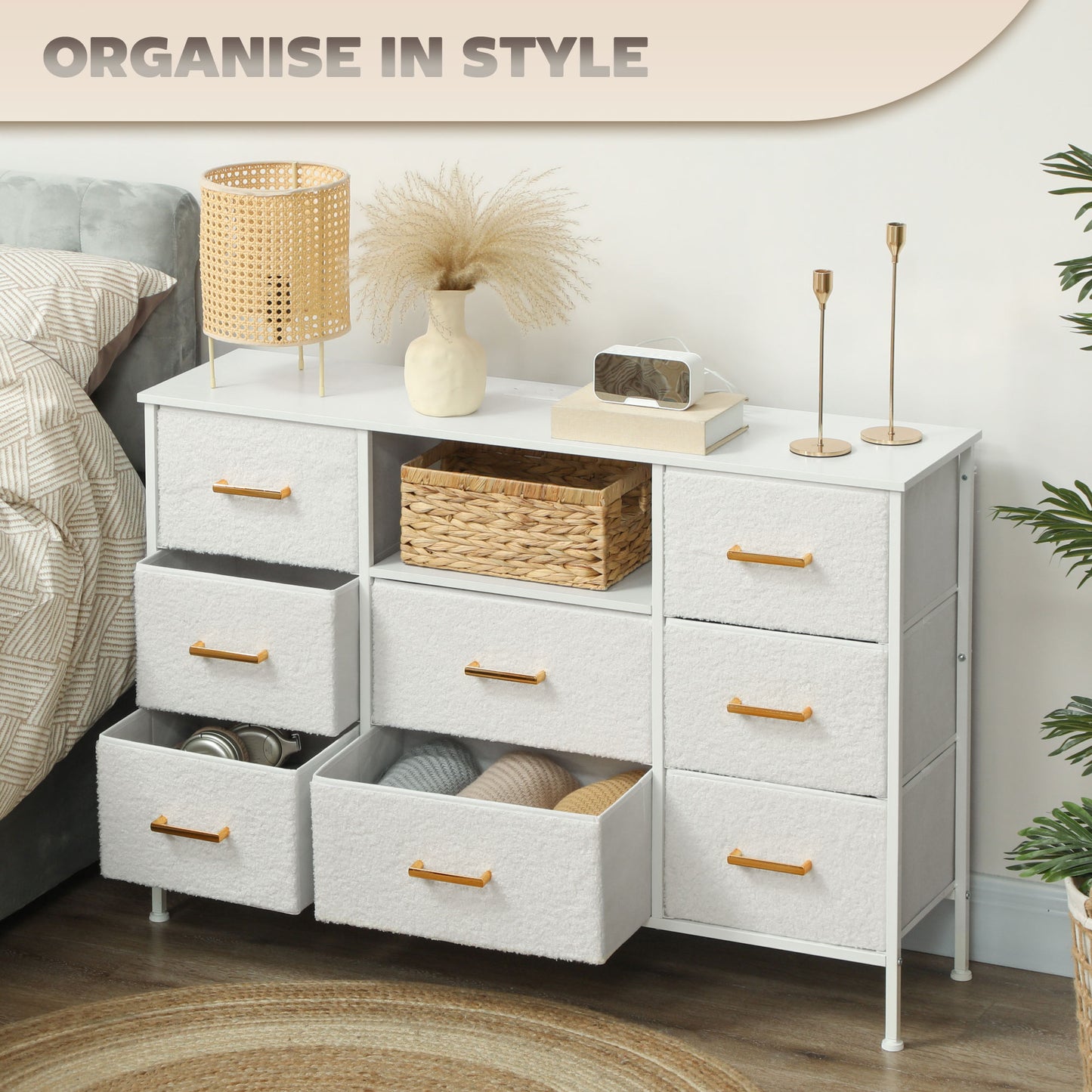 Haso Metal And Fabric Cream White 8 Drawer Boucle Storage Chest With Charging Station
