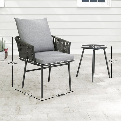 Sunoco Grey Rattan Weave Rope 3 Piece Bistro Set With Cushions And Glass Coffee Table