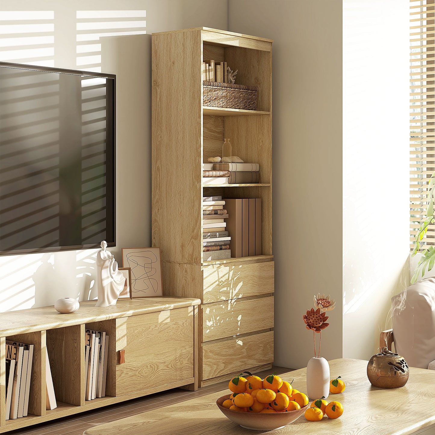 Codico Wood Effect Tall Bookcase With Shelves And Integrated Drawers 180cm