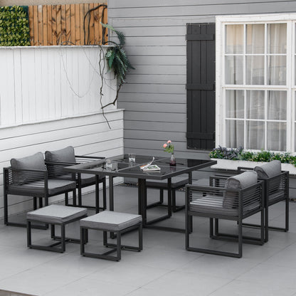 Sekalu Grey 8 Seater Grey Rattan Rope and Aluminium Outdoor Dining Set With Glass Top Table