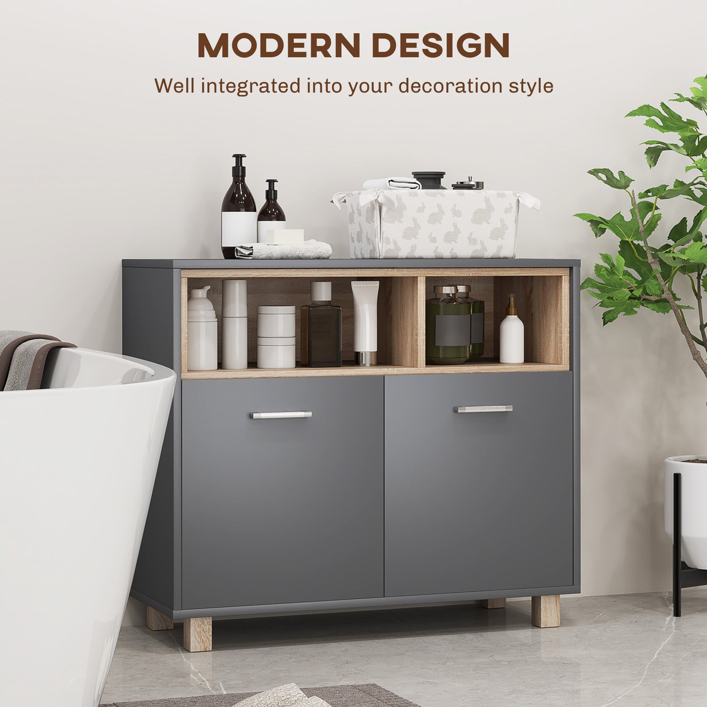 Cosano Freestanding Bathroom Storage Cabinet With Open Compartments And Double Doors