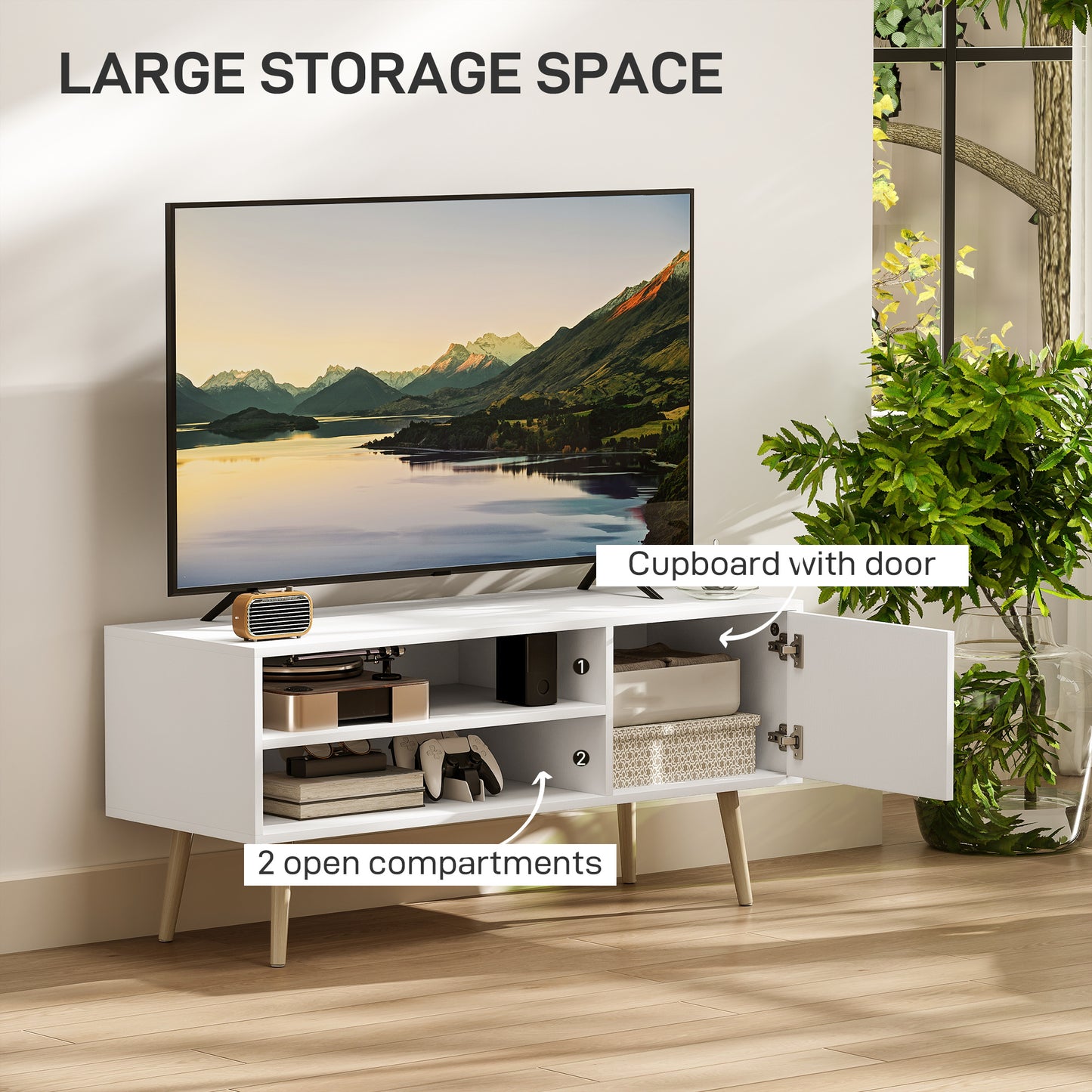 Avalia 110cm White TV Stand For Screens Up To 55 Inches With Open Shelves And Cable Access