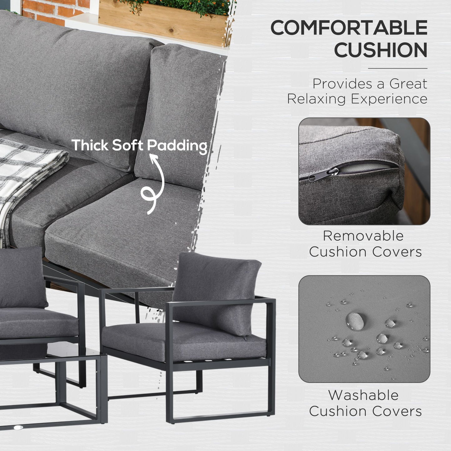 Luro 4 Seater Grey Garden Sofa Set with 2 Armchairs 1 Sofa and 1 Coffee Table Aluminium Frame