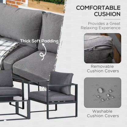 Luro 4 Seater Grey Garden Sofa Set with 2 Armchairs 1 Sofa and 1 Coffee Table Aluminium Frame