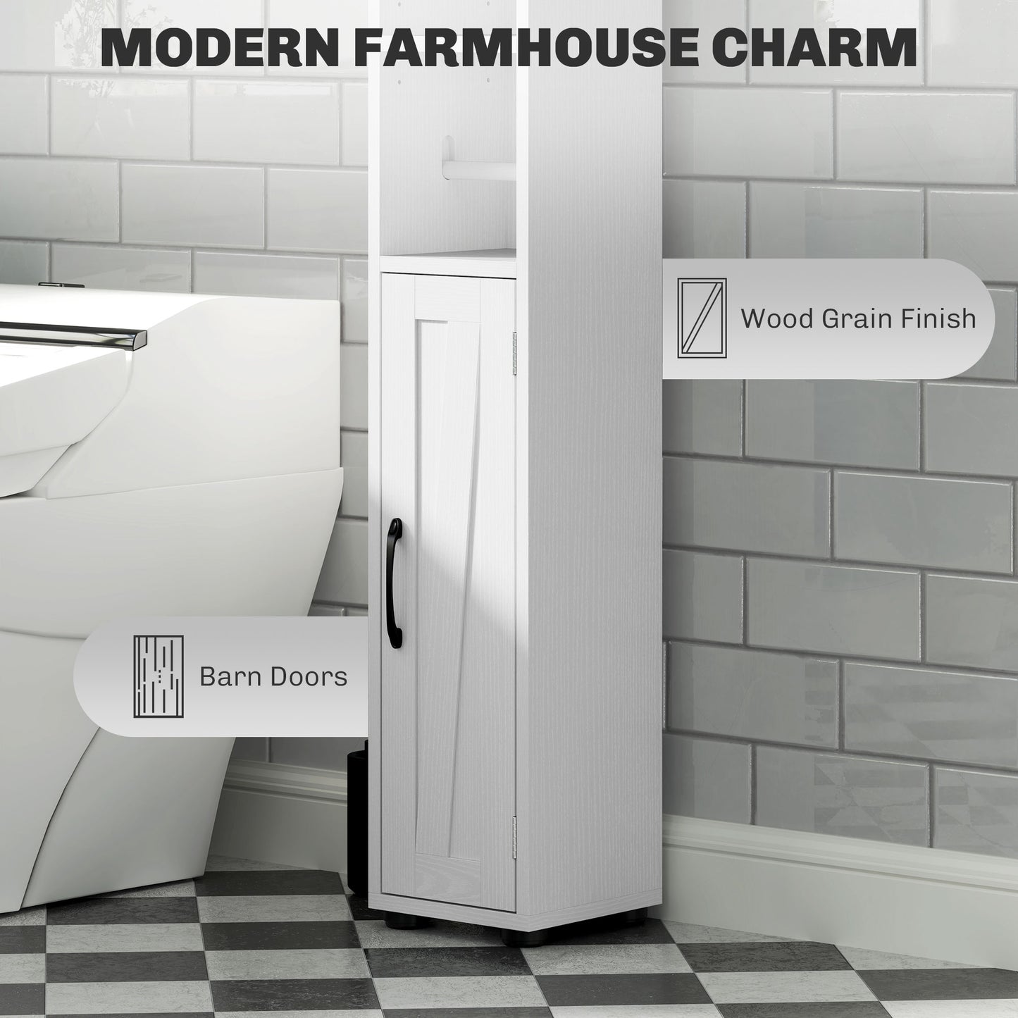 Minore Farmhouse Style Slim Bathroom Storage Cabinet With Barn Doors And Toilet Roll Holder White