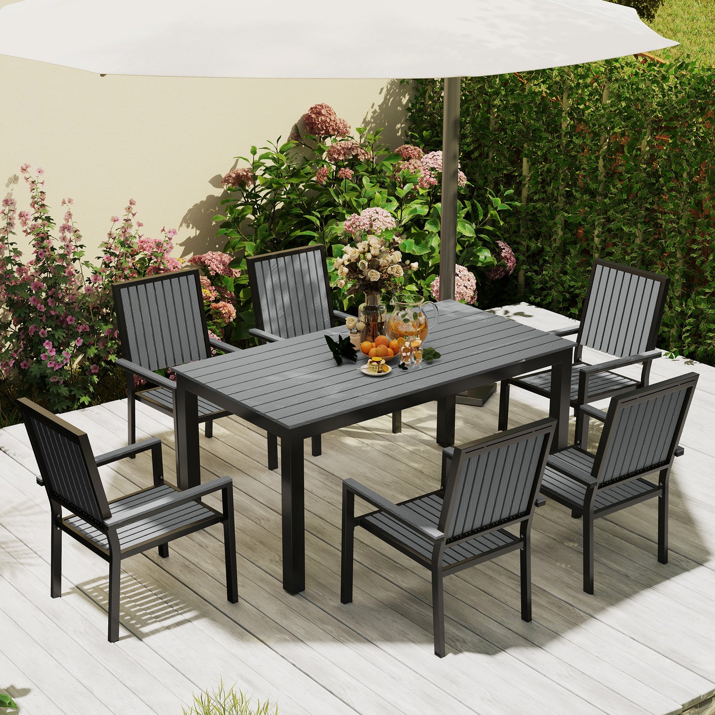 Tala  6 Seater Grey Garden Dining Set with Stackable Chairs Rectangular Table