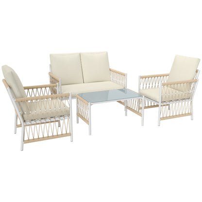 Comori Rattan Cream 4 Seater Outdoor Sofa Conversation Set With Glass Coffee Table