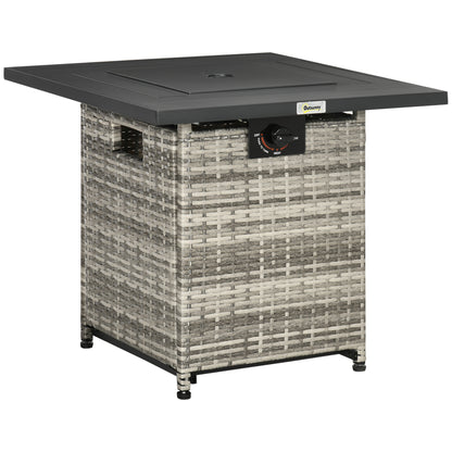 Rata Faux Rattan Grey Square Gas Fire Pit Table With Rain Cover Mesh Lid And Lava Stones