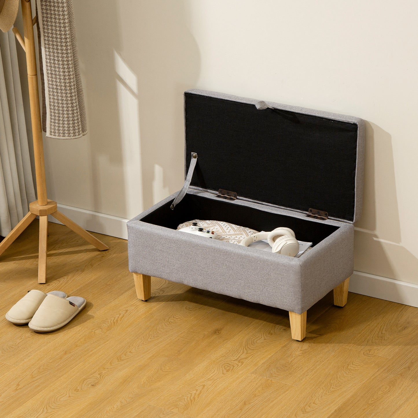 Solo Linen Light Grey Storage Footstool With Storage Natural Wooden Legs