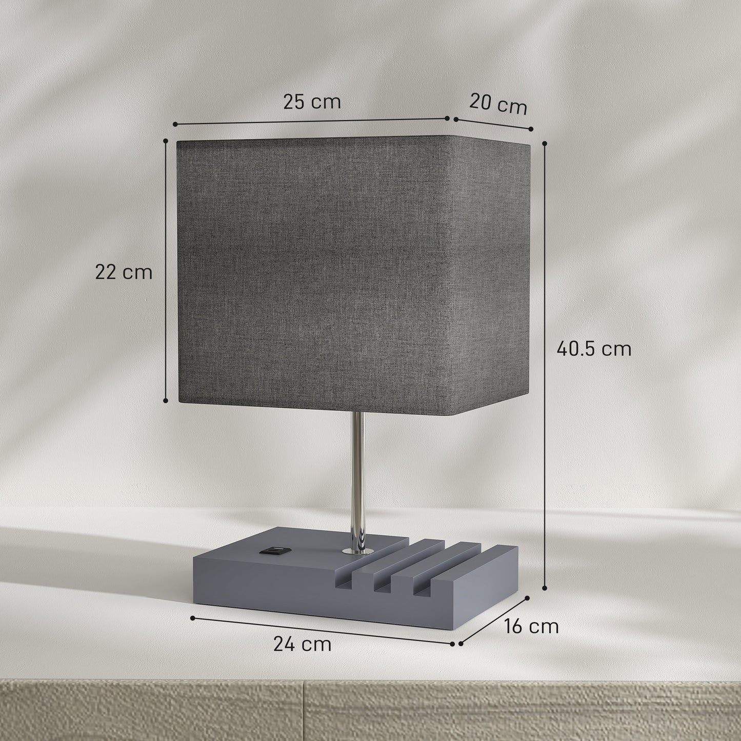 Kata Wood And Fabric Grey Bedside Table Lamp With USB Charging Ports Phone Stands And Fabric Shade