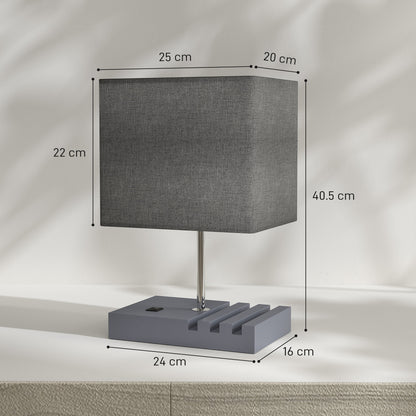Kata Wood And Fabric Grey Bedside Table Lamp With USB Charging Ports Phone Stands And Fabric Shade