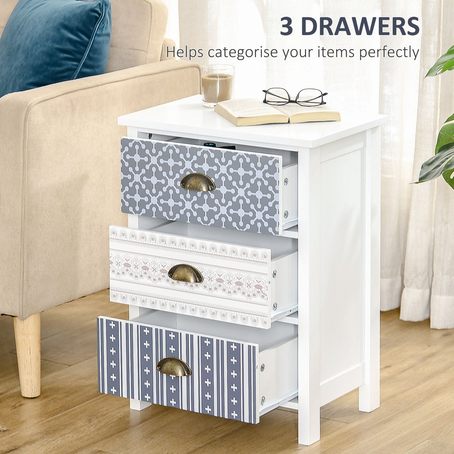 Lodive Set Of 2 Blue Shabby Chic 3 Drawer Bedside Tables With Metal Handles