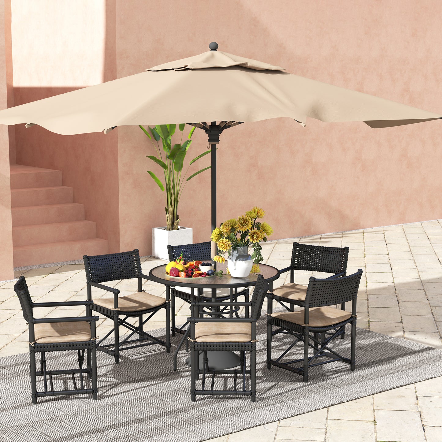 Rekapa Metal Black Glass Top Outdoor Table With Central Parasol Hole