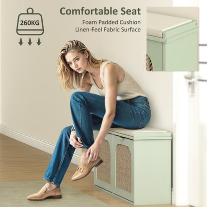 Rika Wooden Light Green Boho Style Shoe Bench With Cushioned Seat And 2 Flip Drawers