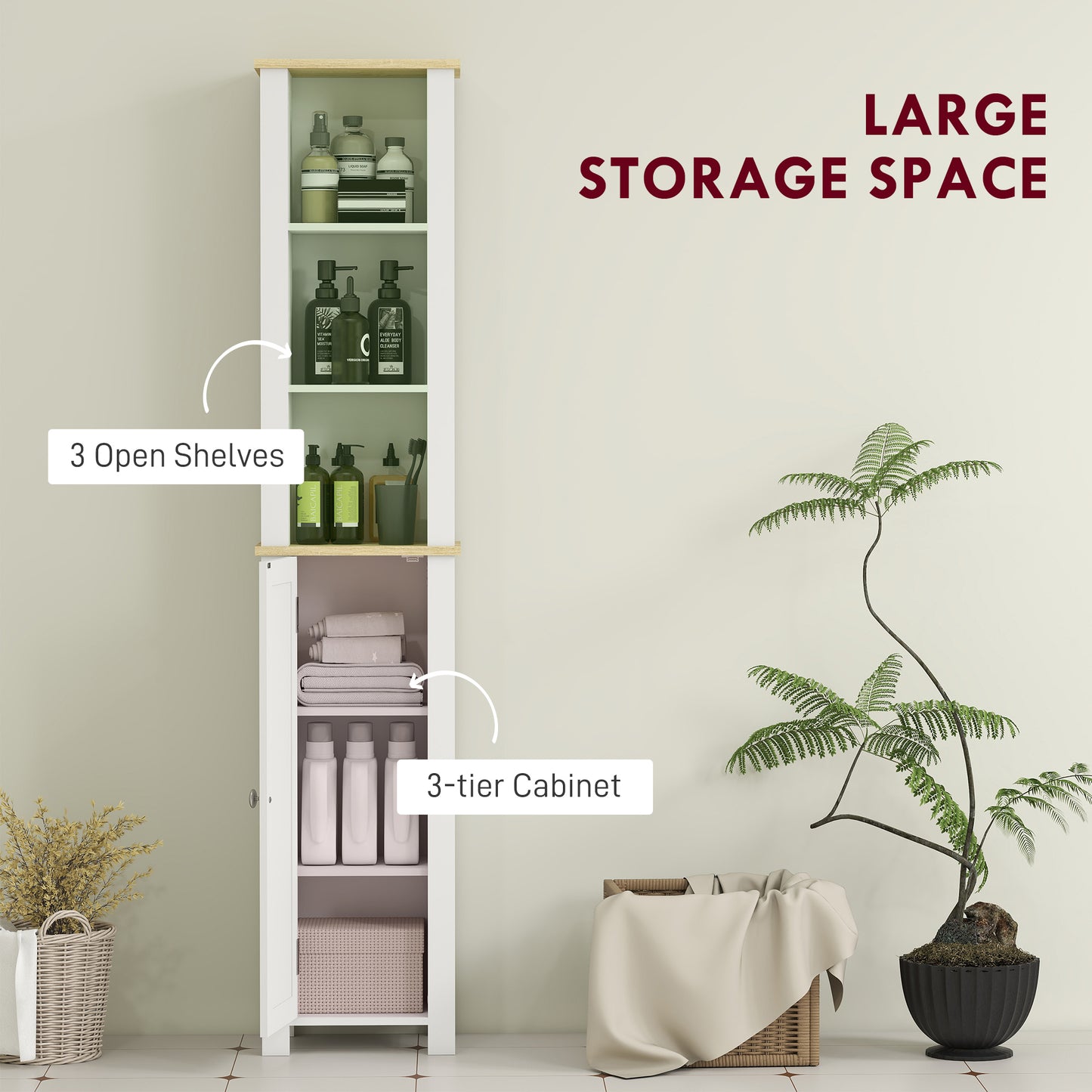 Nifael Favi Slim Bathroom Storage Cabinet With OFauxn Compartment And Adjustable Shelves White 34 x 23 x 165 cm