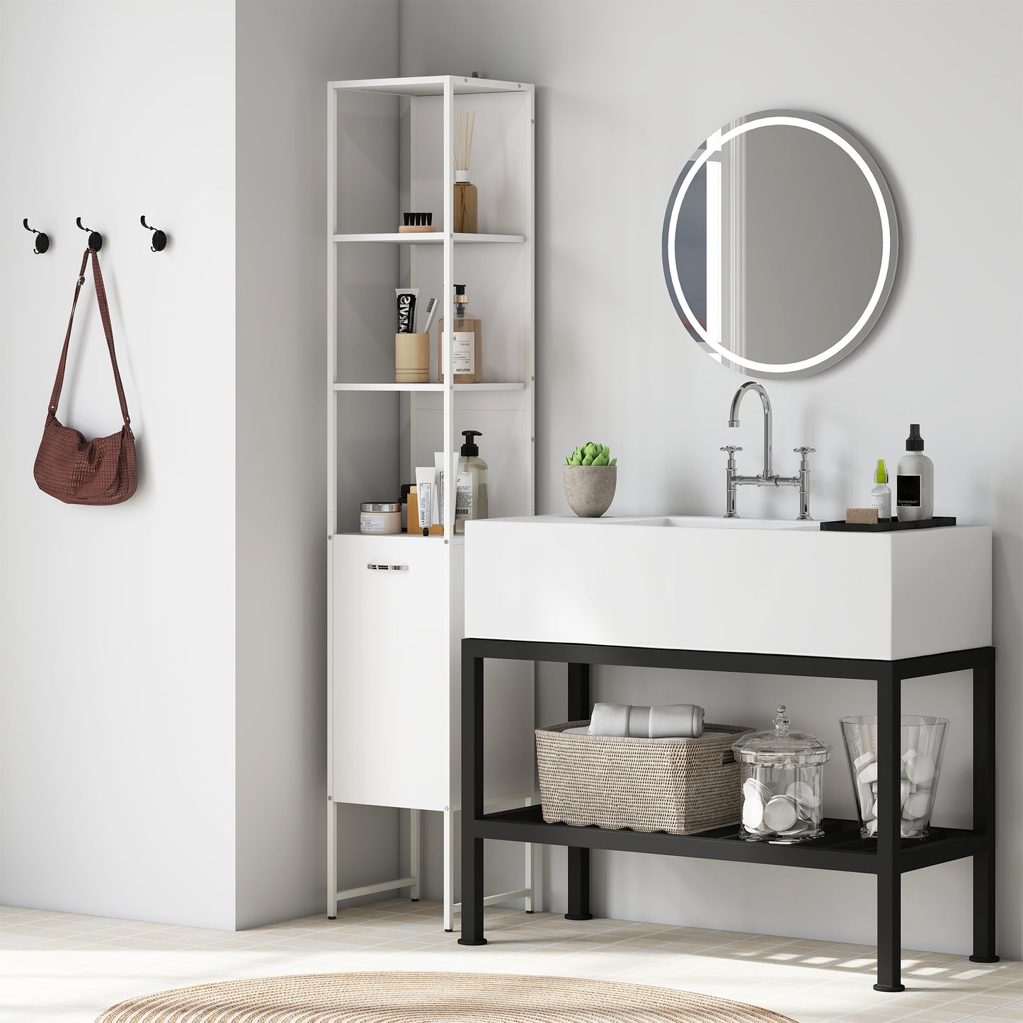 Neliha Tall Bathroom Storage Cabinet With OFauxn Shelves And Adjustable Interior White