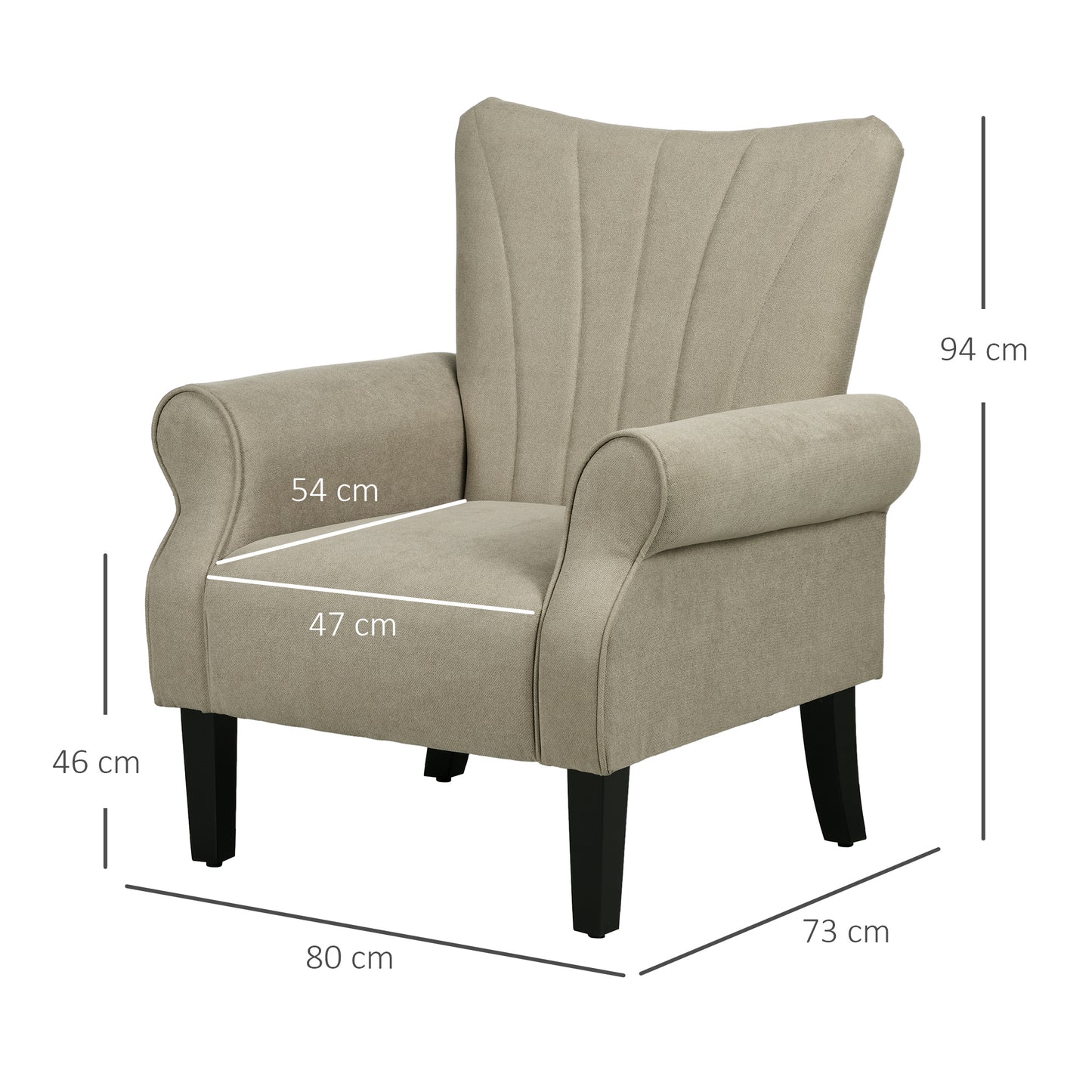 Vikene Coni Fabric Beige Accent Armchair With Rolled Arms And Wooden Legs