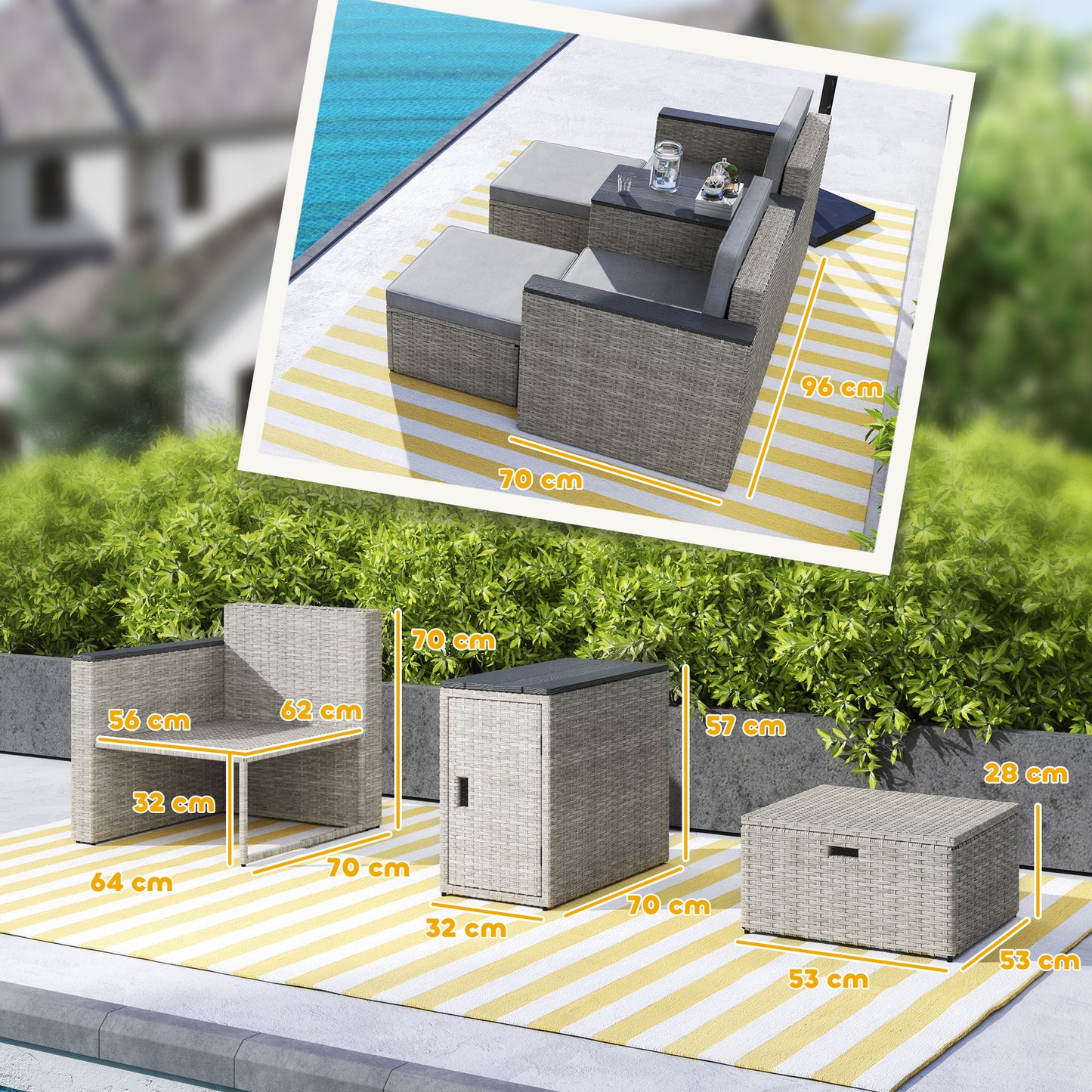 Naleni Grey Rattan  5 Piece Nesting Outdoor Bistro Set With Footstools Storage Coffee Table