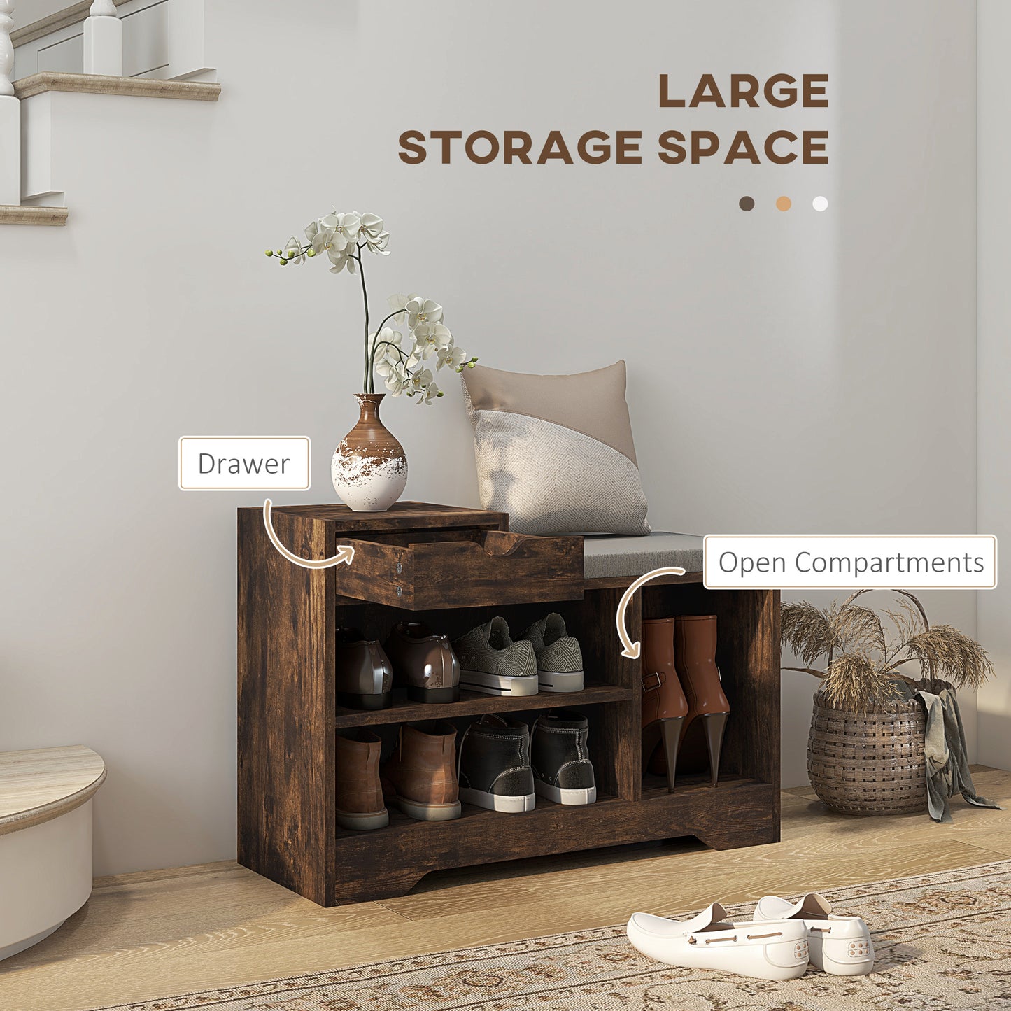 Nata Wooden Rustic Brown Multi Compartment Shoe Bench With Grey Cushioned Seat