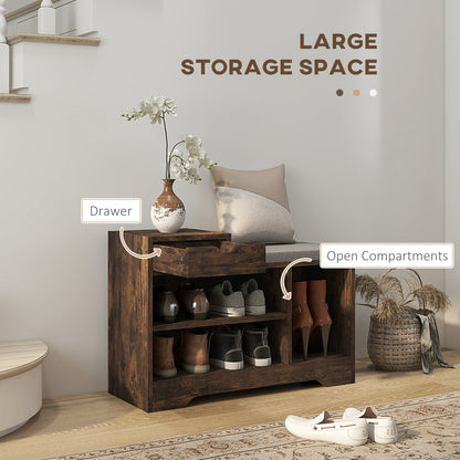 Nata Wooden Rustic Brown Multi Compartment Shoe Bench With Grey Cushioned Seat