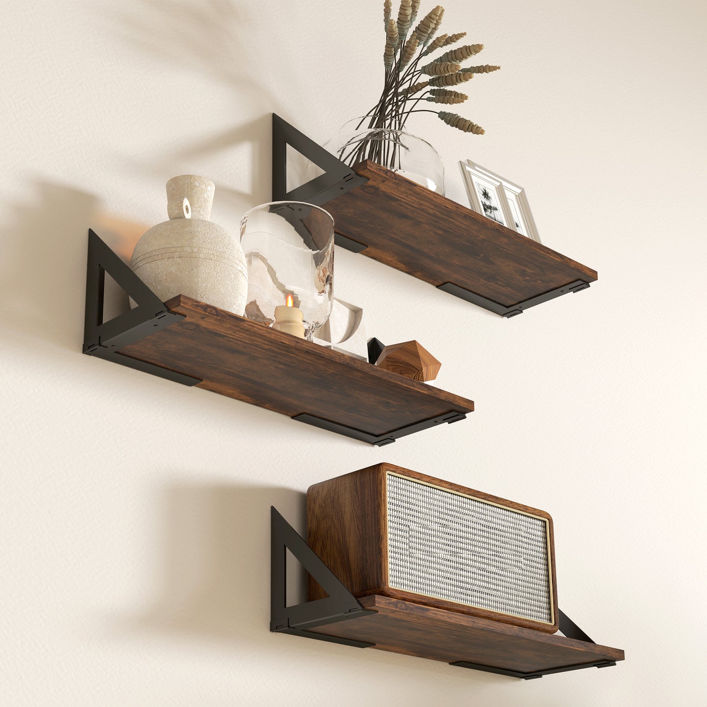 Filozi Wood Rustic Brown Set Of 3 Vintage Style Wall Mounted Shelves 43 cm