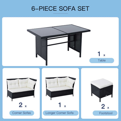 Semapa Rattan Black 8 Seater Corner Dining Sofa Set With Coffee Table Footstool And White Cushions